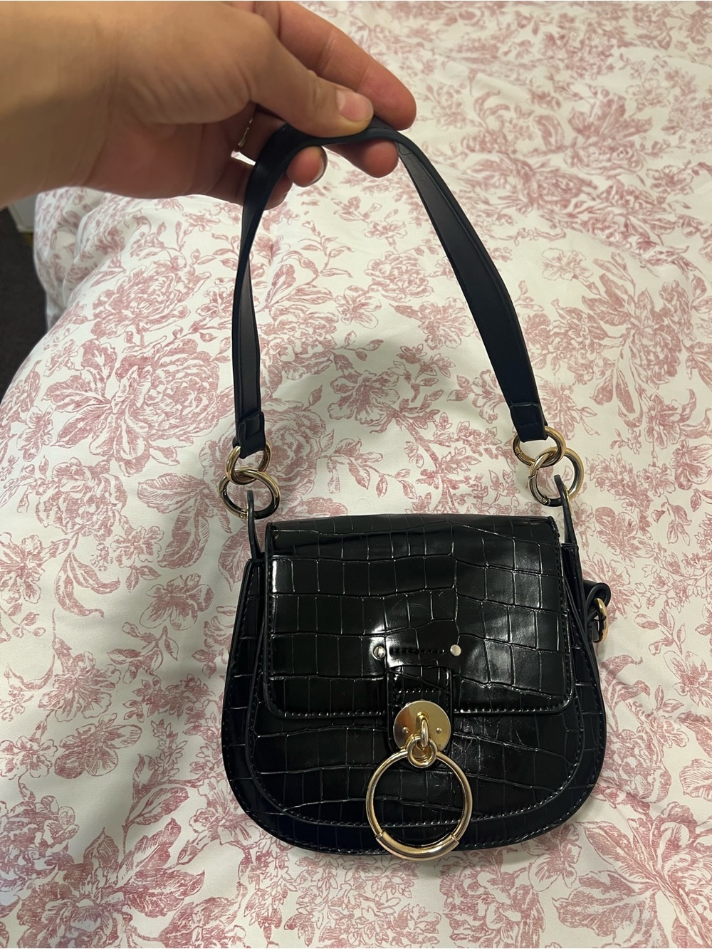 Black Croc-Embossed Shoulder Bag with Gold Ring Accent